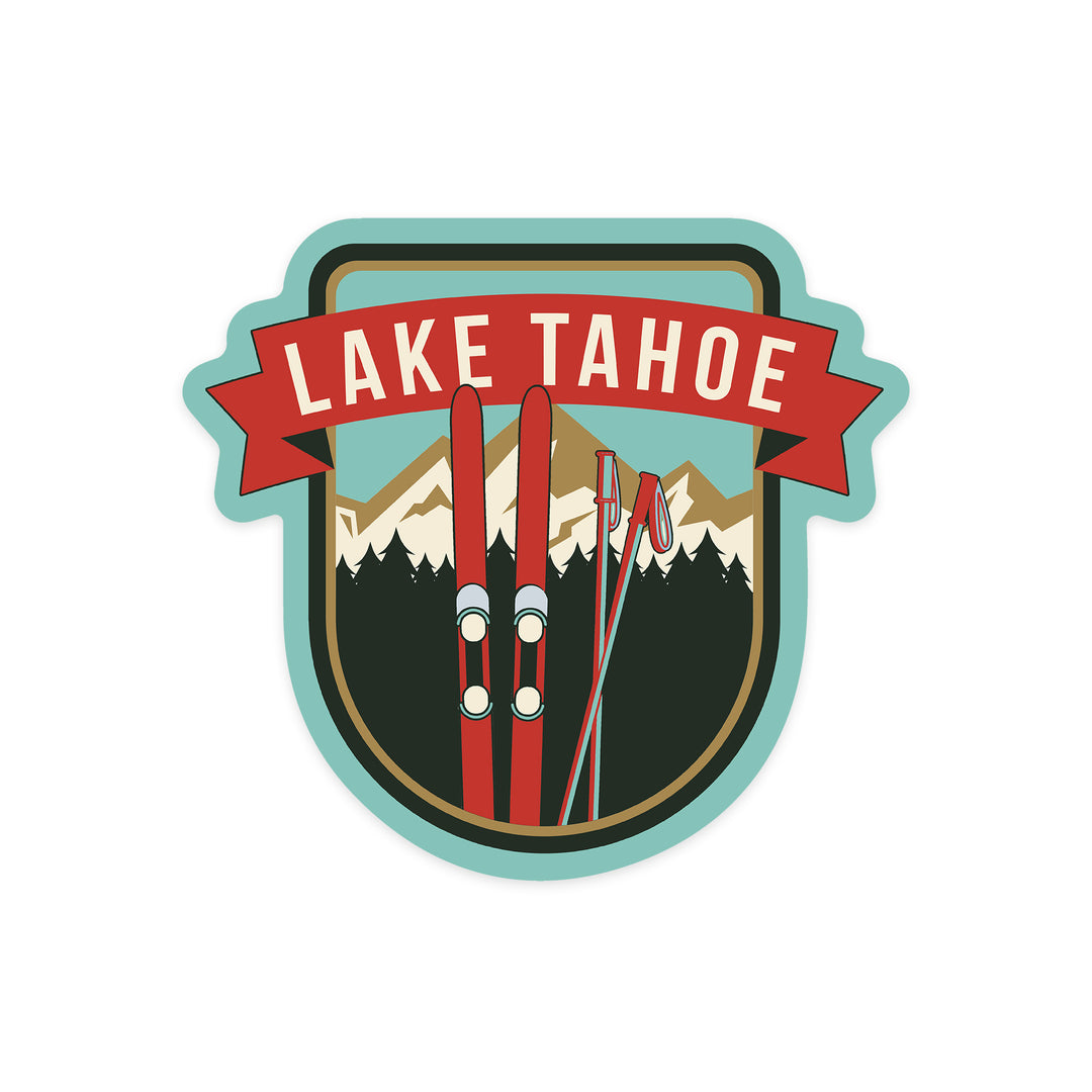 Lake Tahoe, California, Skis and Mountains, Contour, Vinyl Sticker