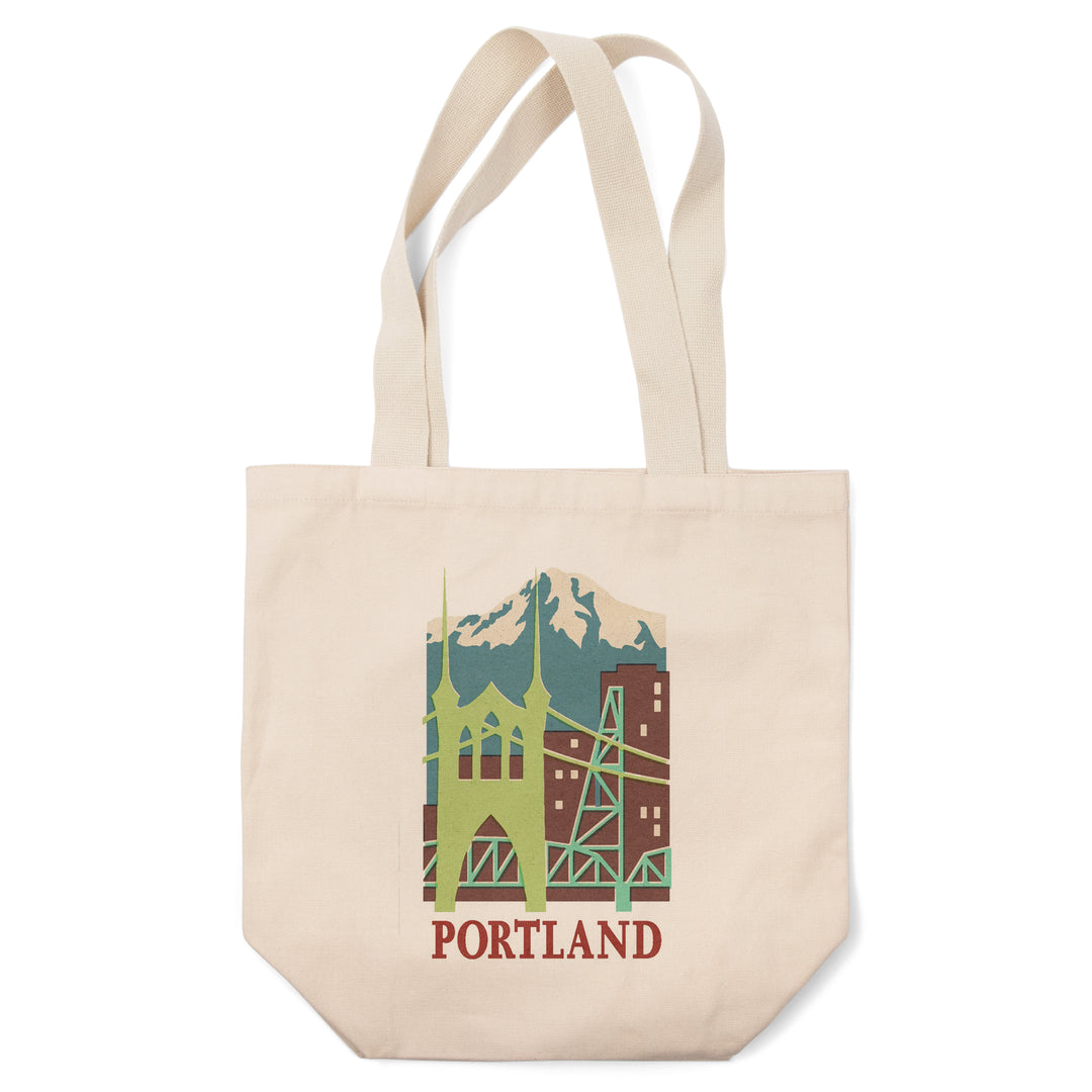 Portland, Oregon, Woodblock, Contour, Lantern Press Artwork, Tote Bag