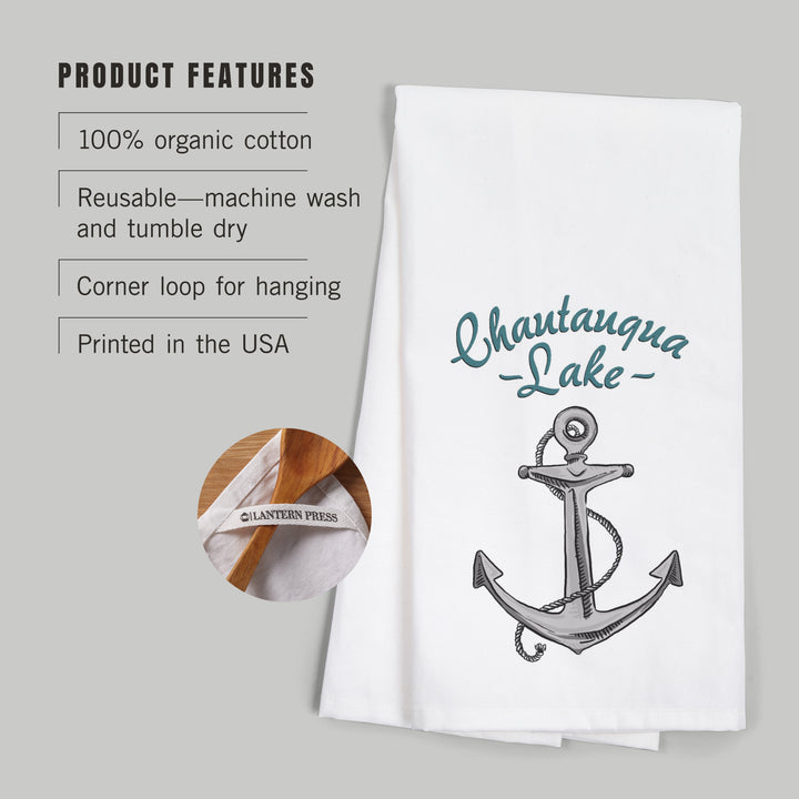 Chautauqua Lake, New York, Anchor Icon, Organic Cotton Kitchen Tea Towels