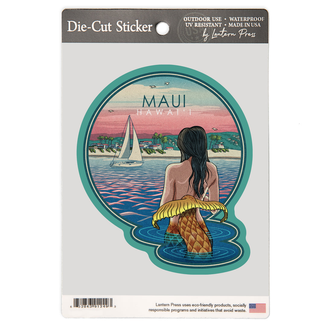 Maui, Hawaii, Mermaid and Beach, Vinyl Sticker