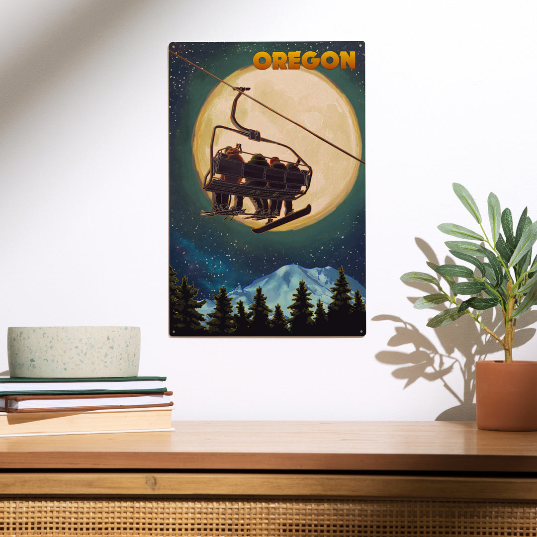 Oregon, Ski Lift and Full Moon Snowboarder, Wood Sign and Postcards