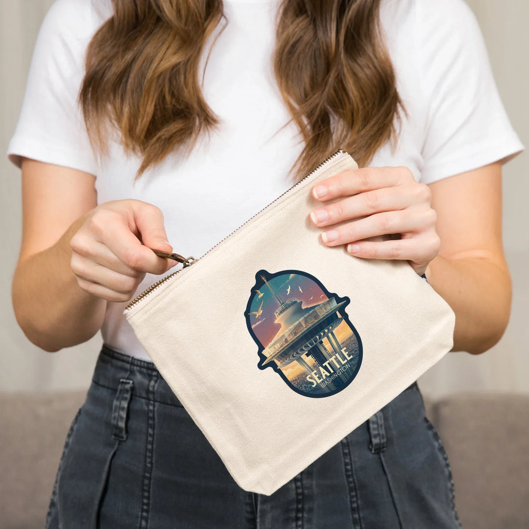 Seattle, Washington, Space Needle, Litho, Organic Cotton Zipper Pouch, Go Bag