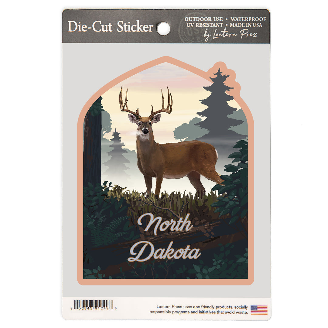 North Dakota, Painterly, Deer and Sunrise, Vinyl Sticker