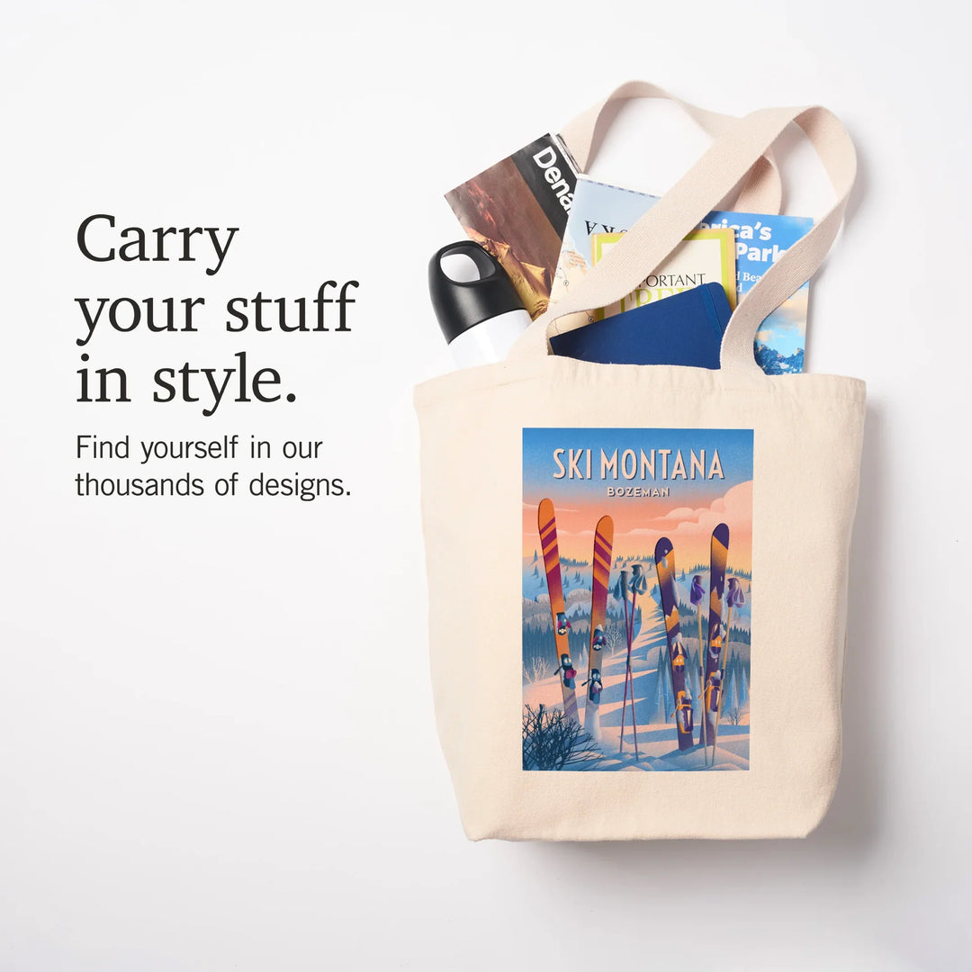 Bozeman, Montana, Prepare for Takeoff, Skis In Snowbank, Tote Bag