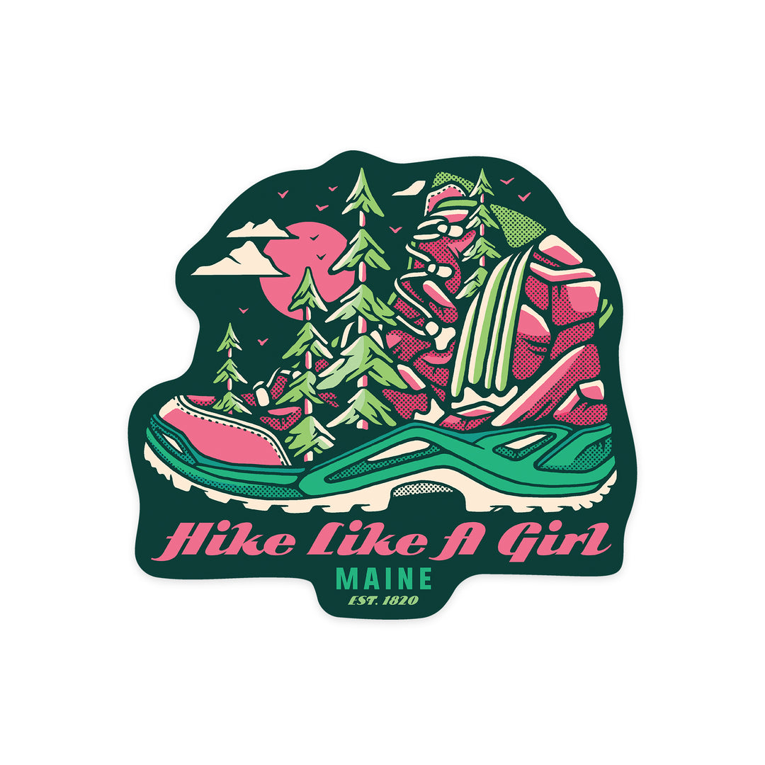 Maine, Hiking Boot, Hike Like A Girl, Distressed Vector, Contour, Lantern Press Artwork, Vinyl Sticker