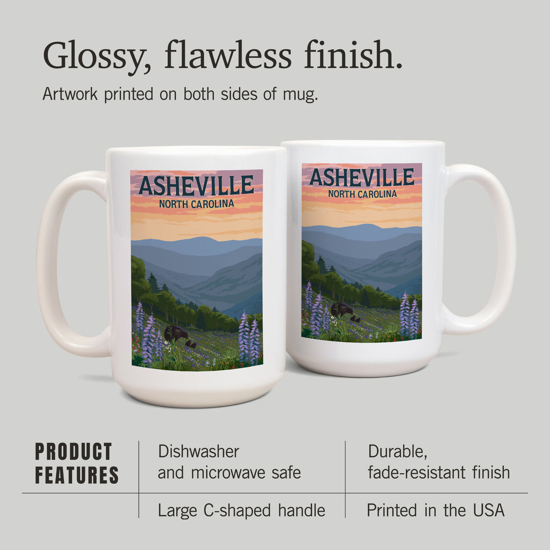 Asheville, North Carolina, Bears and Spring Flowers, Lantern Press Artwork, Ceramic Mug