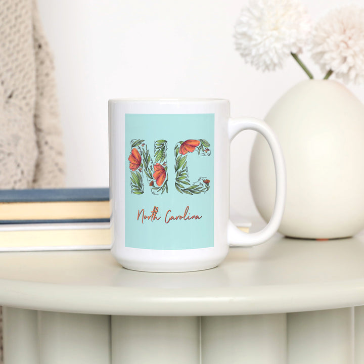 North Carolina, NC, Floral Abbreviation, Lantern Press Artwork, Ceramic Mug