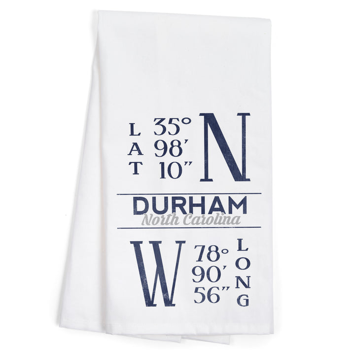 Durham, North Carolina, Latitude and Longitude (Blue), Organic Cotton Kitchen Tea Towels