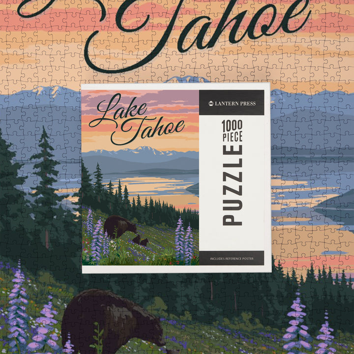 Lake Tahoe, Black Bear and Cubs with Flowers, Jigsaw Puzzle