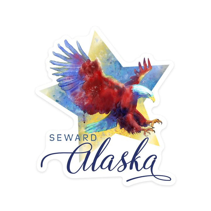 Seward, Alaska, Eagle, Watercolor, Contour, Vinyl Sticker