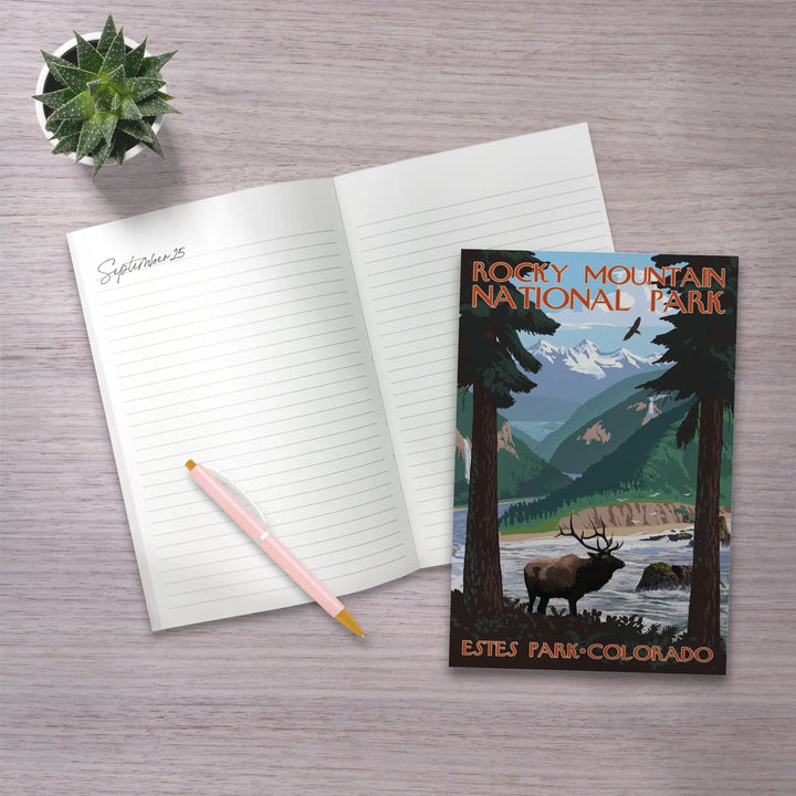 Lined 6x9 Journal, Estes Park, Rocky Mountain National Park, Colorado, Elk, Lay Flat, 193 Pages, FSC paper