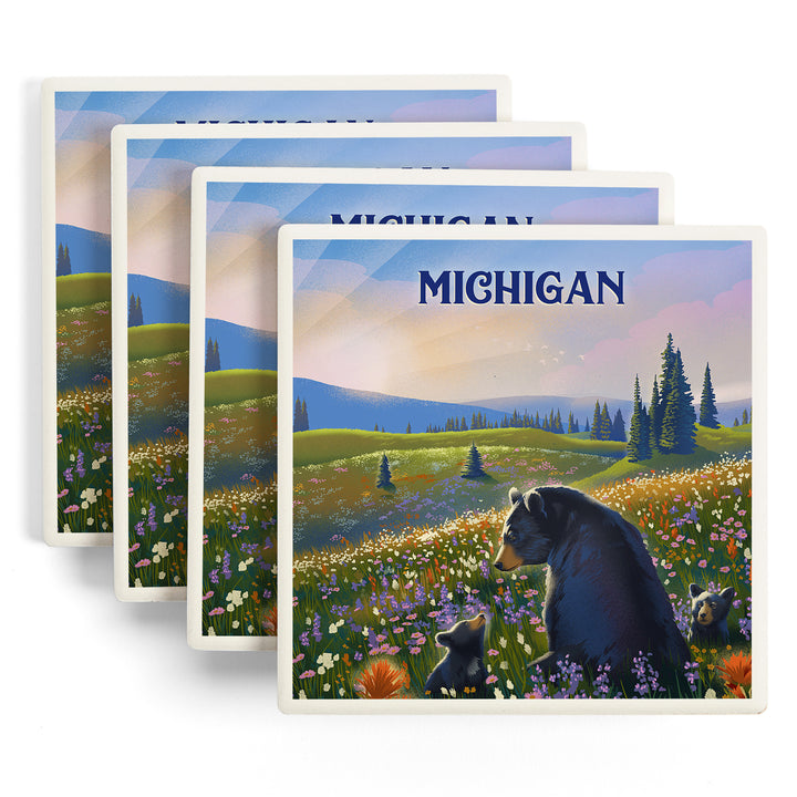 Michigan, Lithograph, Bear Family in Field - Lantern Press