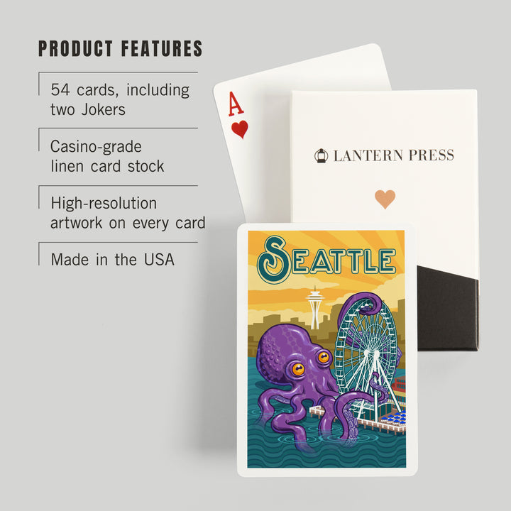 Playing Cards, Seattle, Washington, Giant Octopus, 52 Card Deck with Jokers in Box, Unique Art