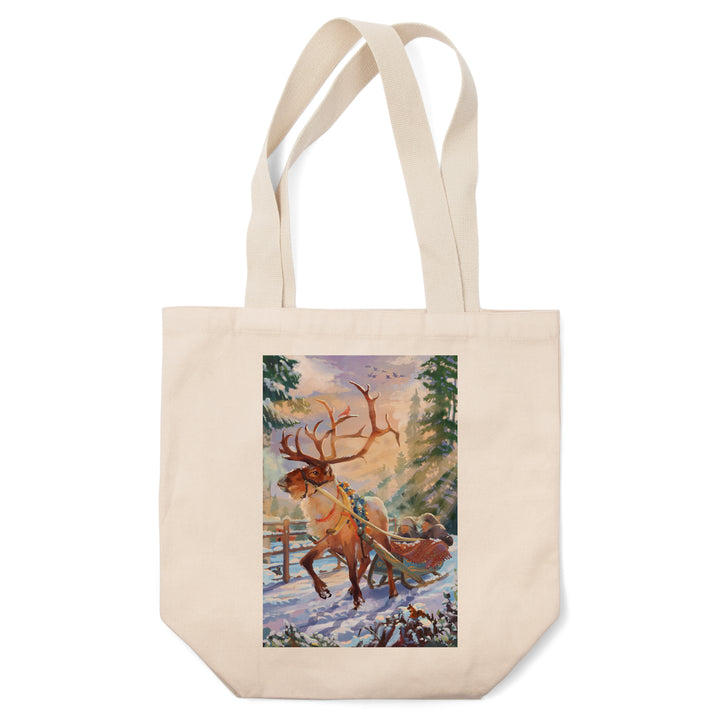 Holiday Tradition, Reindeer Sleigh Ride Through Mountain Snow, Tote Bag
