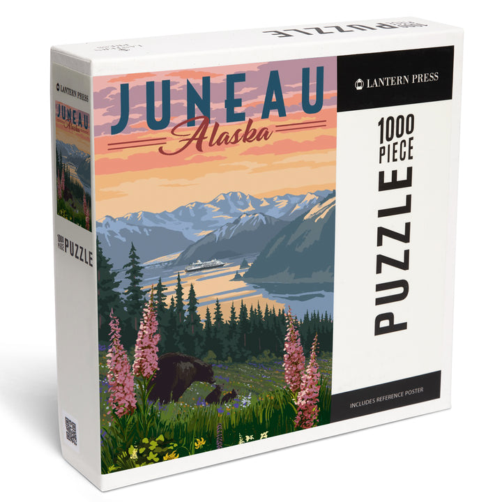 Juneau, Alaska, Painterly, Bear and Spring Flowers, Jigsaw Puzzle