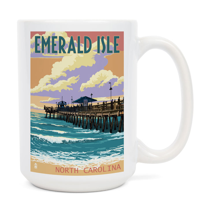 Emerald Isle, North Carolina, Fishing Pier, Lantern Press Artwork, Ceramic Mug