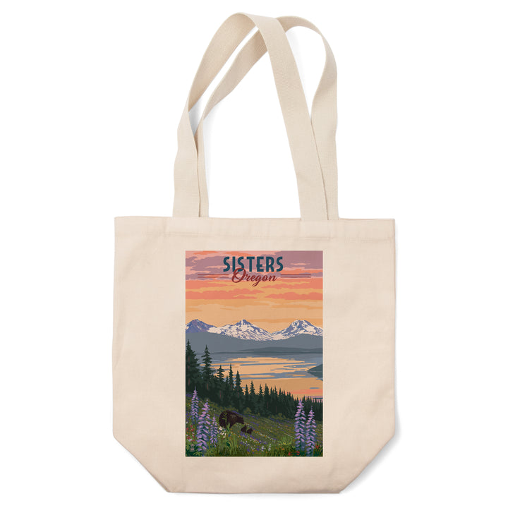 Sisters, Oregon, Bear & Spring Flowers, Lantern Press Artwork, Tote Bag