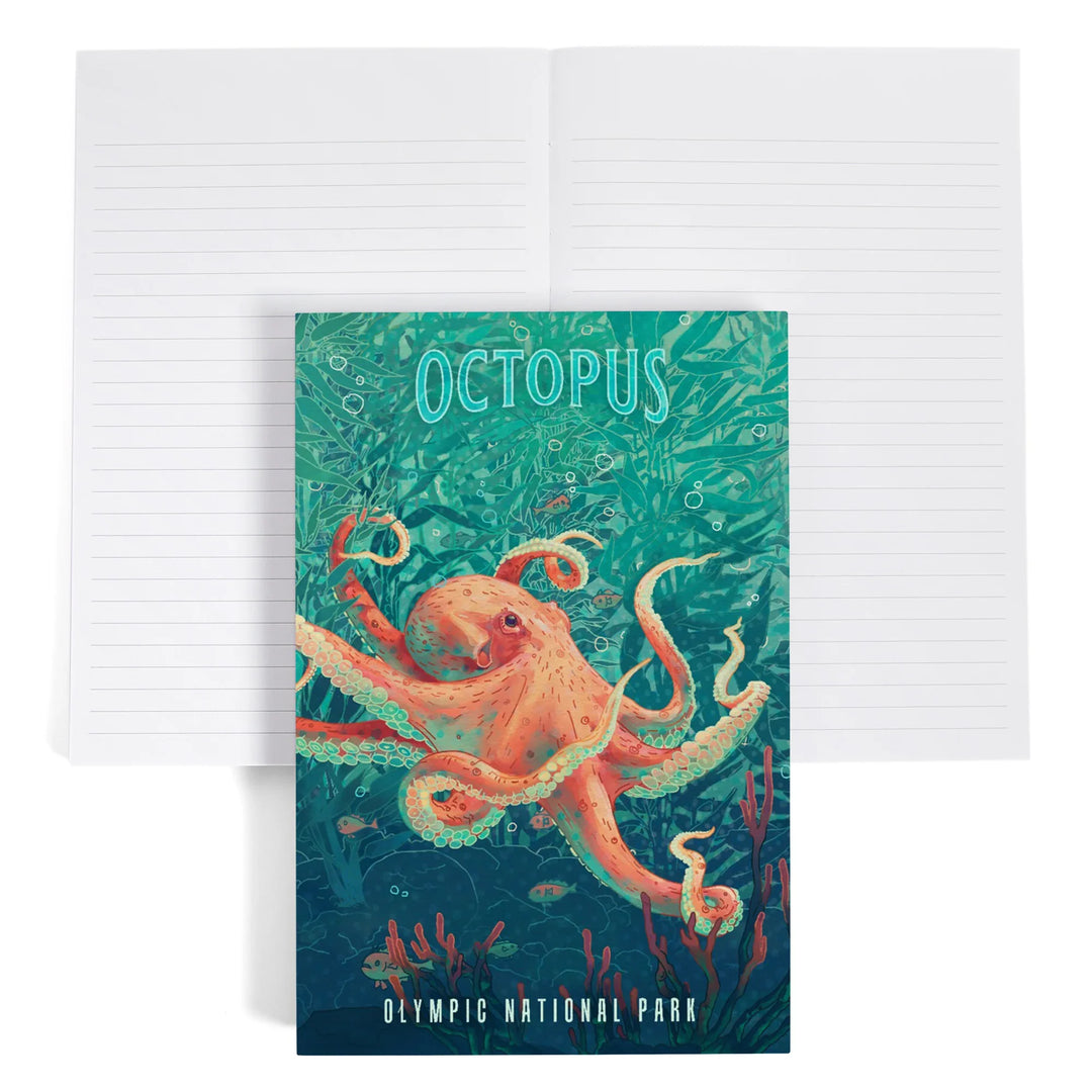 Lined 6x9 Journal, Olympic National Park, Washington, Fluid Linework, Octopus, Lay Flat, 193 Pages, FSC paper