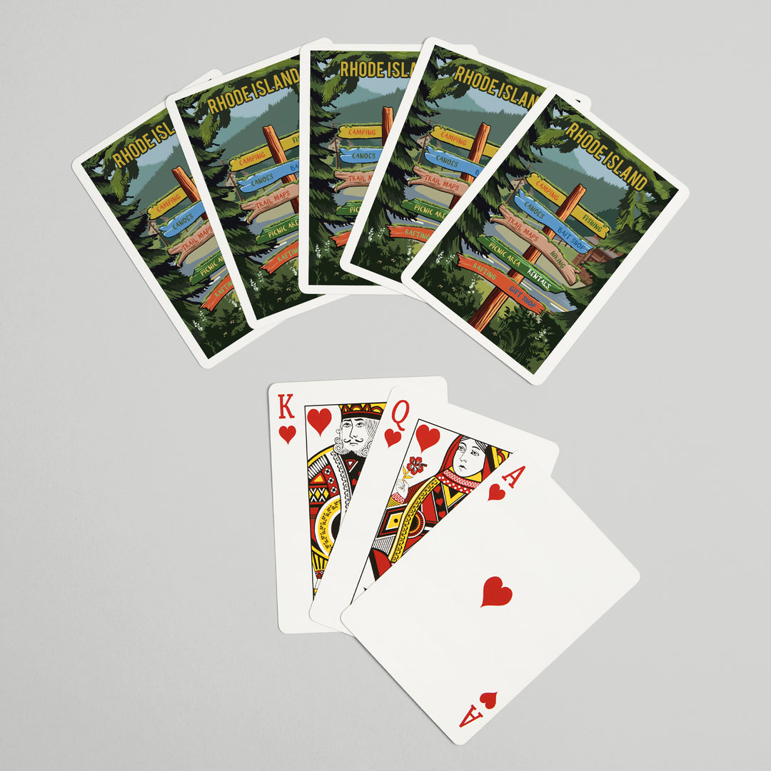 Playing Cards, Rhode Island, Signpost, Forest and Camp, 52 Card Deck with Jokers in Box, Unique Art