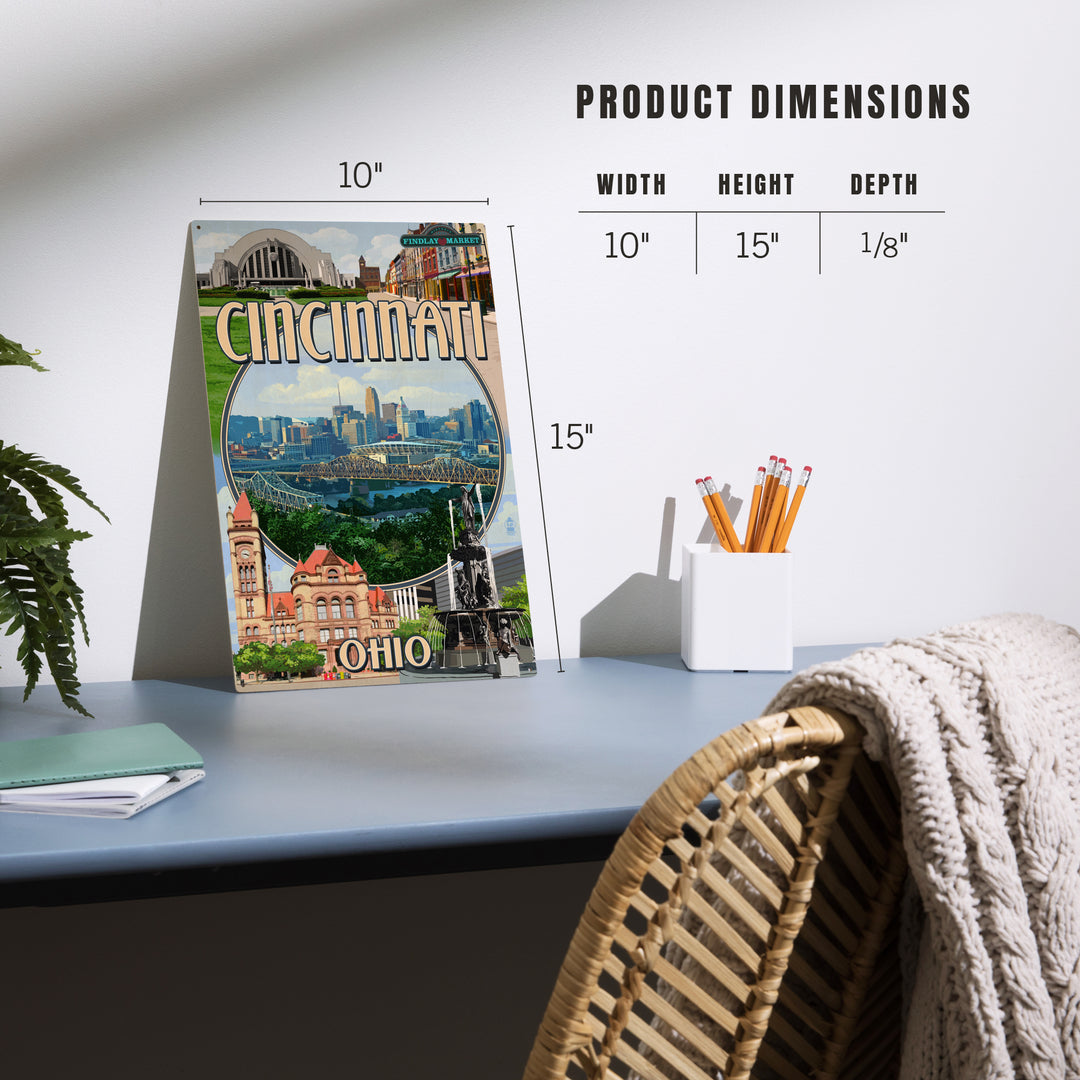 Cincinnati, Ohio, Montage Scenes, Wood Sign and Postcards