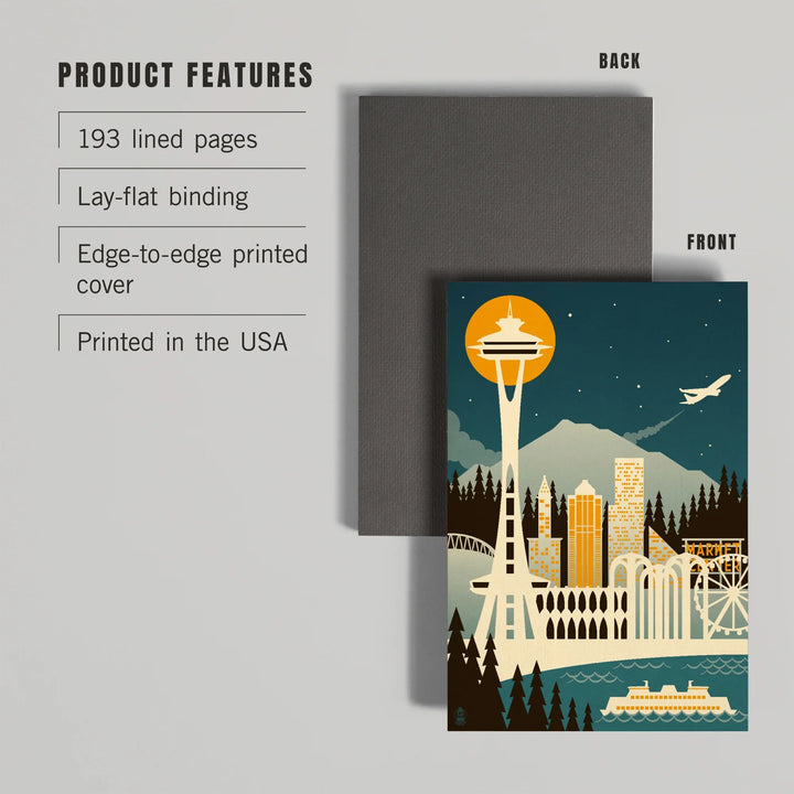Lined 6x9 Journal, Seattle, Washington, Retro Skyline (no text), Lay Flat, 193 Pages, FSC paper