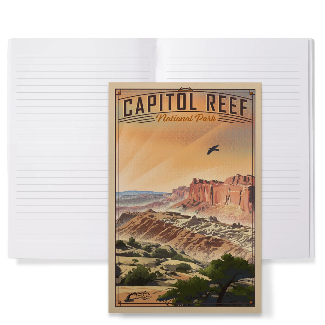 Lined 6x9 Journal, Capitol Reef National Park, Utah, Water Pocket Fold, Lithograph National Park Series, Lay Flat, 193 Pages, FSC paper