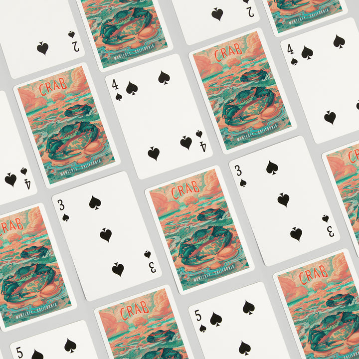 Playing Cards, Monterey, California, Fluid Linework, Crab, 52 Card Deck with Jokers in Box, Unique Art
