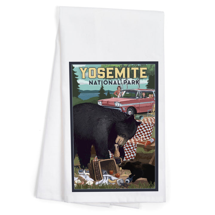 Yosemite National Park, California, Bear and Picnic Scene, Organic Cotton Kitchen Tea Towels
