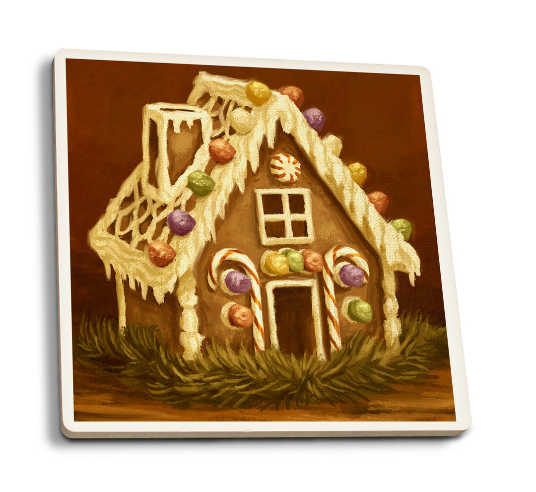 Gingerbread House, Christmas Oil Painting, Coaster Set