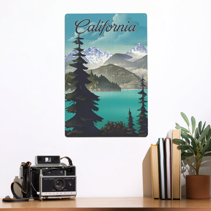 California, Lithograph, Lake and Mountains Scene, Metal Signs - Lantern Press