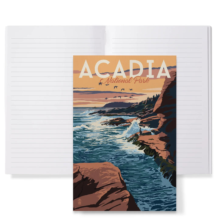 Lined 6x9 Journal, Acadia National Park, Maine, Mount Desert Island Illustration, Lay Flat, 193 Pages, FSC paper
