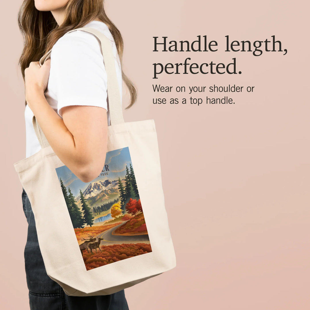 Mt Rainier National Park, Washington, Lithograph, Paradise Road with Elk, Tote Bag