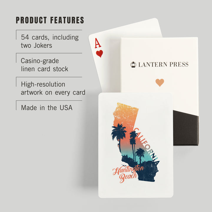 Playing Cards, Huntington Beach, California, State Abstract, Palm Scene, 52 Card Deck with Jokers in Box, Unique Art