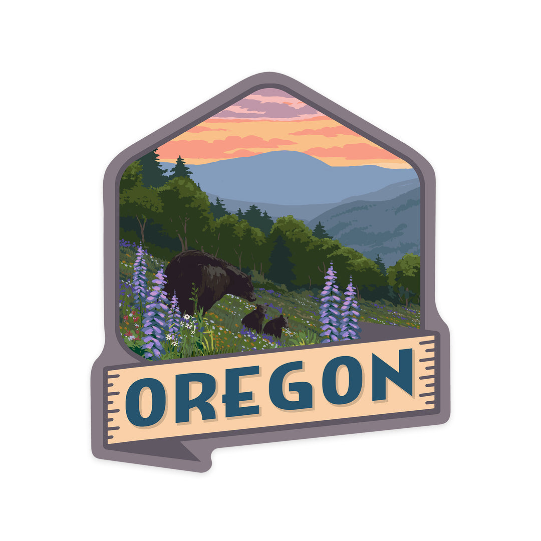Oregon, Bear & Spring Flowers, Contour, Lantern Press Artwork, Vinyl Sticker