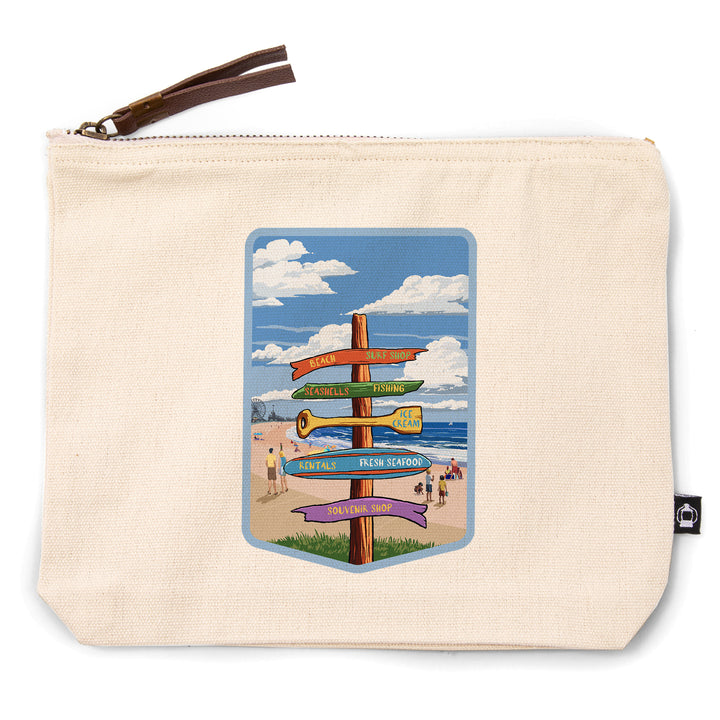 Signpost, Coast Beach with Pier, Organic Cotton Zipper Pouch, Go Bag