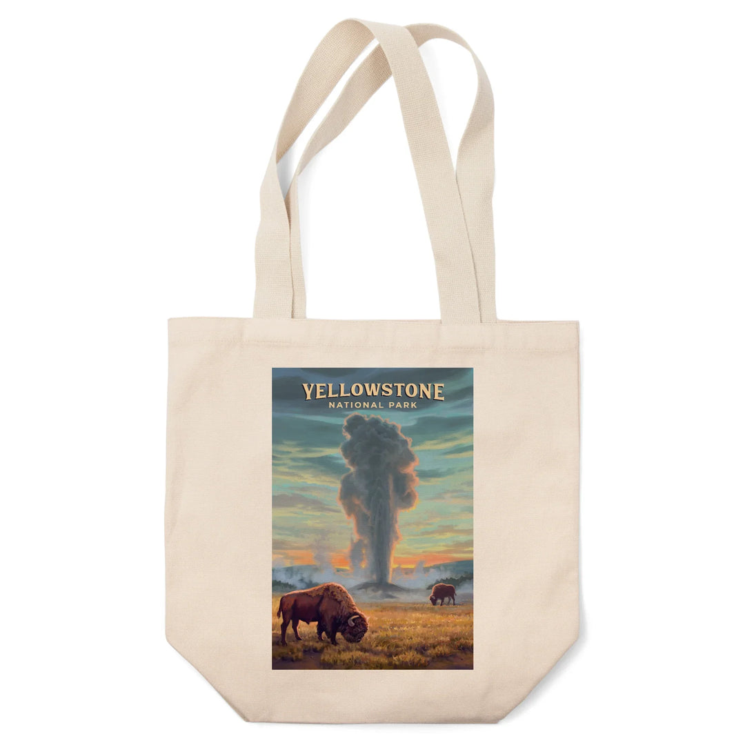 Yellowstone National Park, Wyoming, Oil Painting, Old Faithful Eruption, Tote Bag