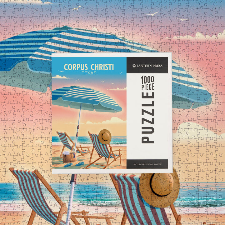 Corpus Christi, Texas, Lithograph, Beach Umbrella and Chair, Jigsaw Puzzle