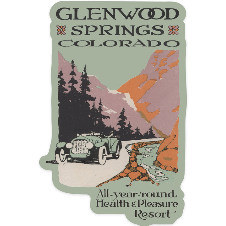Glenwood Springs, Colorado, Vintage Car and Mountain, Contour, Artwork, Vinyl Sticker