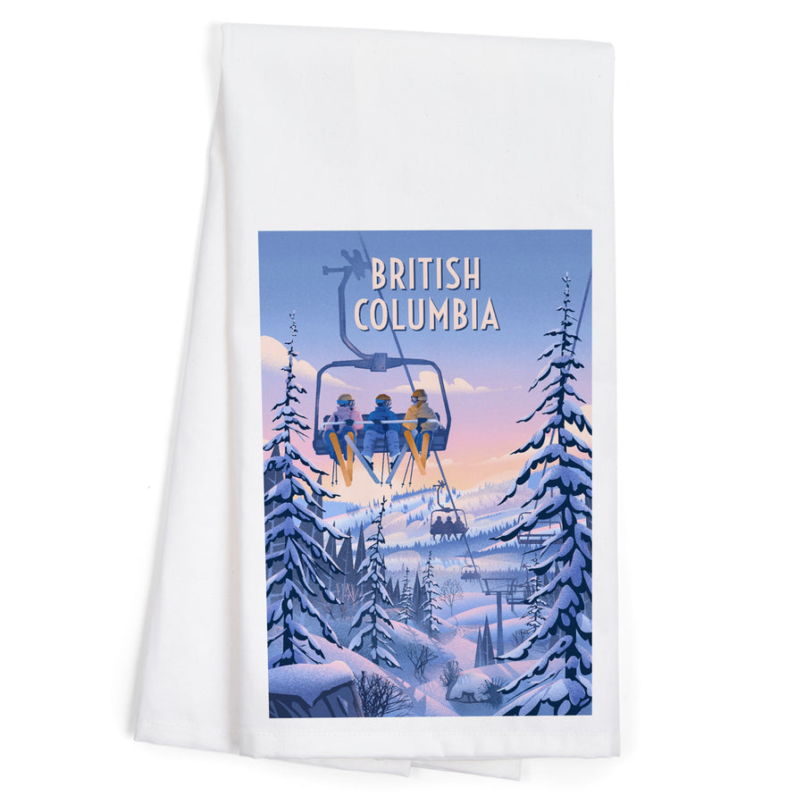 British Columbia, Chill on the Uphill, Ski Lift, Organic Cotton Kitchen Tea Towels - Lantern Press