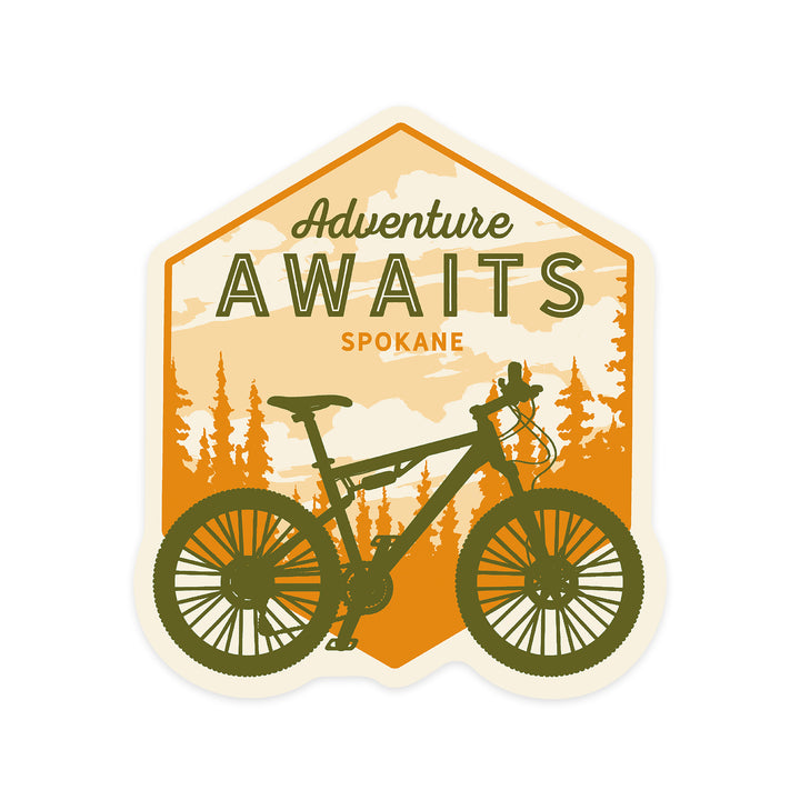 Spokane, Washington, Mountain Bike, Adventure Awaits, Contour, Lantern Press Artwork, Vinyl Sticker