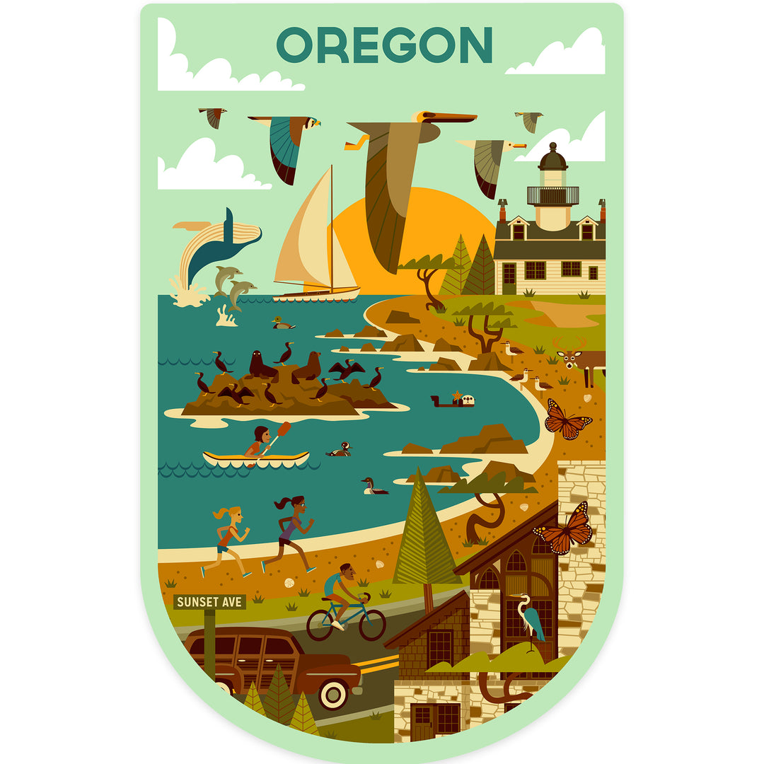 Oregon Wildlife, Lighthouse and Coastal Life Illustration, Vinyl Sticker