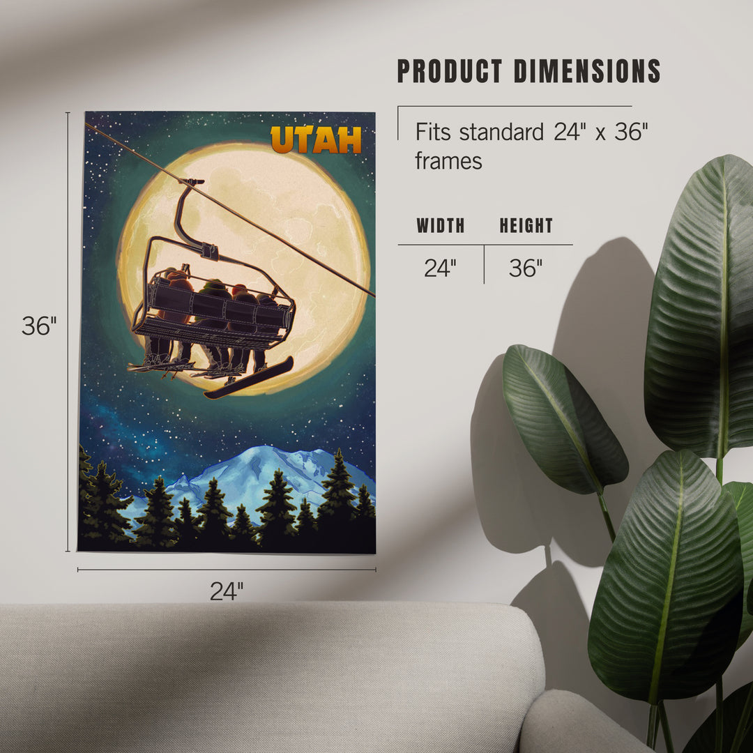 Utah, Ski Lift and Full Moon, Snowboarder, Art & Giclee Prints