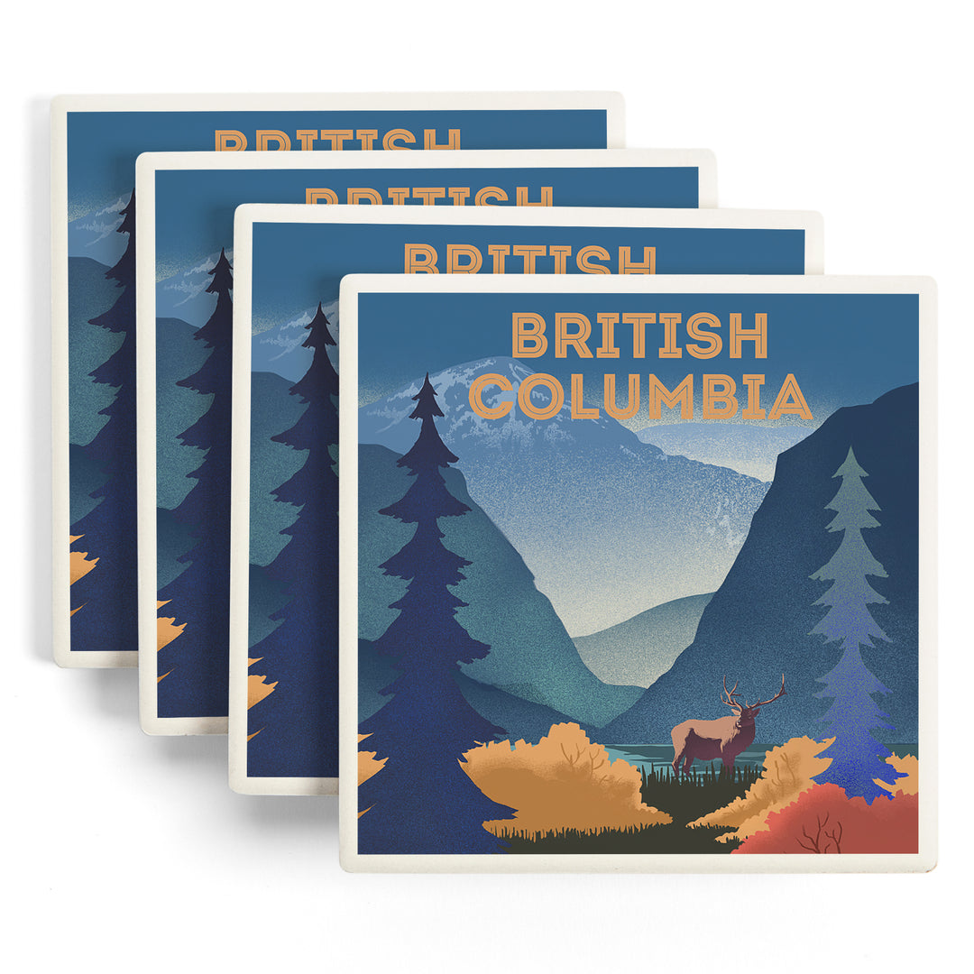 British Columbia, Lithograph, Elk and Mountains Scene ceramic coaster set