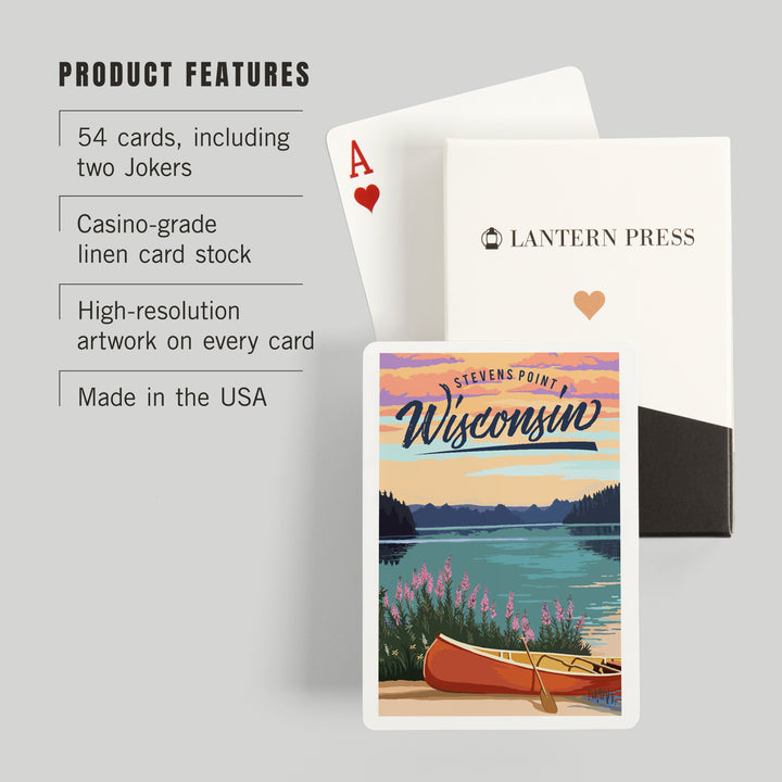 Playing Cards, Stevens Point, Wisconsin, Canoe and Lake Scene, 52 Card Deck with Jokers in Box, Unique Art