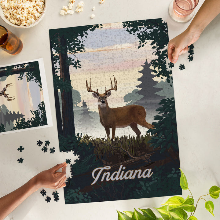 Indiana, Painterly, Deer and Sunrise, 1000 Piece Jigsaw Puzzle