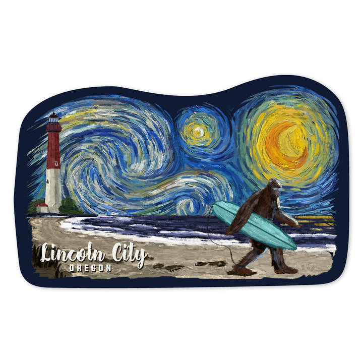 Lincoln City, Oregon, Van Gogh Starry Night, Bigfoot, Contour, Lantern Press Artwork, Vinyl Sticker
