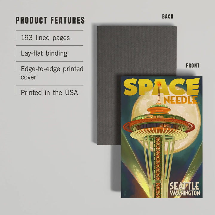 Lined 6x9 Journal, Seattle, Washington, Space Needle and Full Moon, Lay Flat, 193 Pages, FSC paper