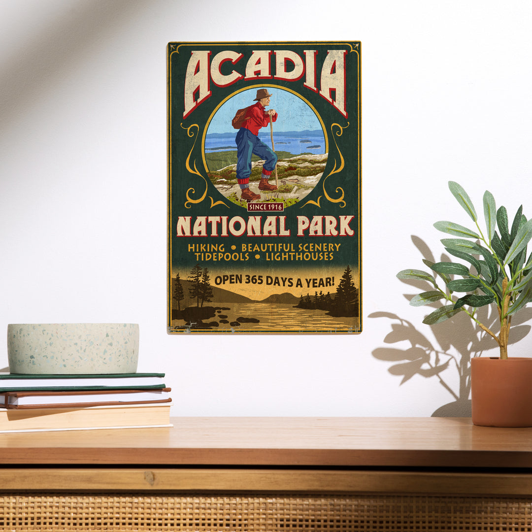 Acadia National Park, Maine, Vintage Hiker Sign, Wood Sign and Postcards