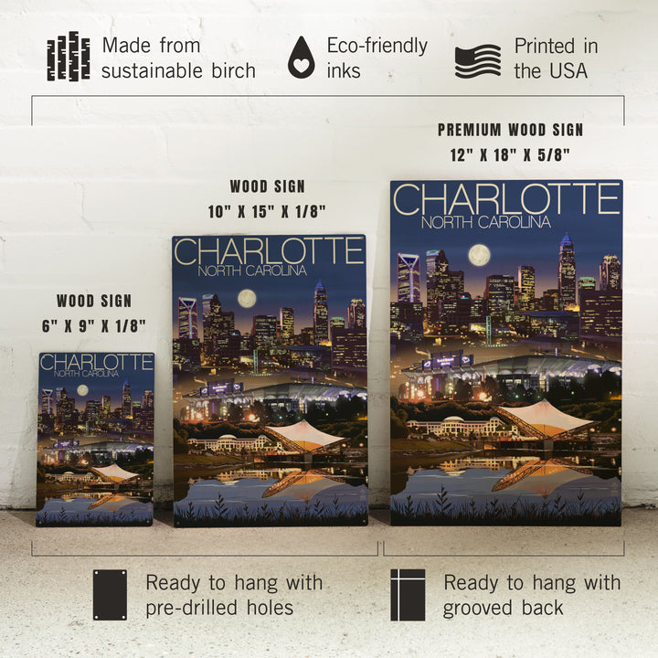 Charlotte, North Carolina, Skyline at Night, Lantern Press Artwork, Wood Signs and Postcards