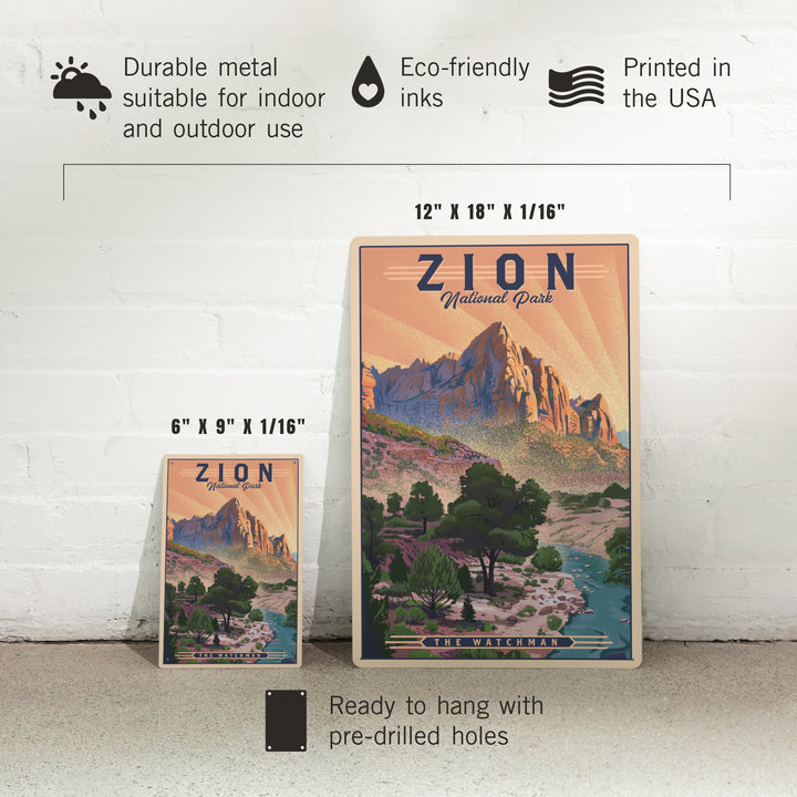 Zion National Park, Utah, The Watchman, Lithograph National Park Series, Metal Signs